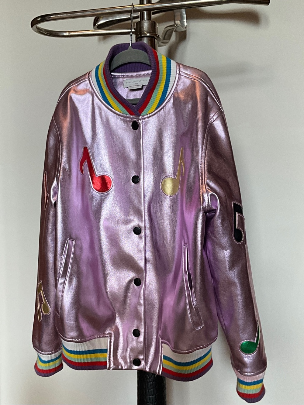 Stella McCartney Kids Metallic Lilac Bomber Jacket with Multicolor Musical Notes